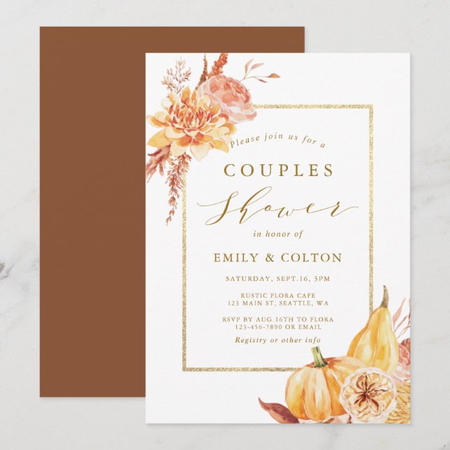 Invitation Aquarelle Rustique Automne Floral Couples Or Douch (Devant / Derrière)