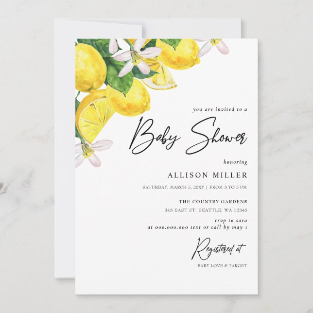 Invitation Aquarelle rustique Baby shower citron jaune (Devant)