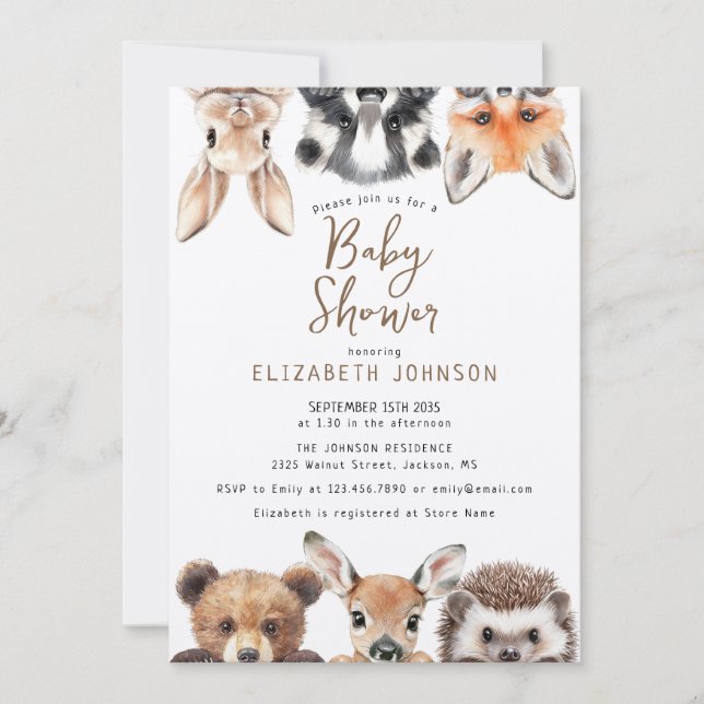 Invitation Aquarelle rustique Baby shower d'animaux de bois (Devant)