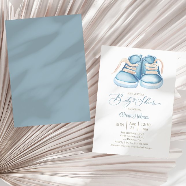Invitation Aquarelle rustique Baby shower de chaussures pour  (Rustic Watercolor Blue Baby Shoe Baby Shower Invitation on a sunny white dry palm leaf.)