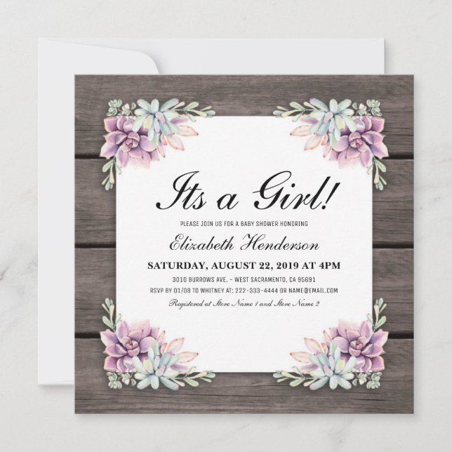 Invitation Aquarelle rustique Baby shower Floral Succulent (Devant)