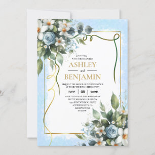 Invitation Aquarelle rustique bleu et or