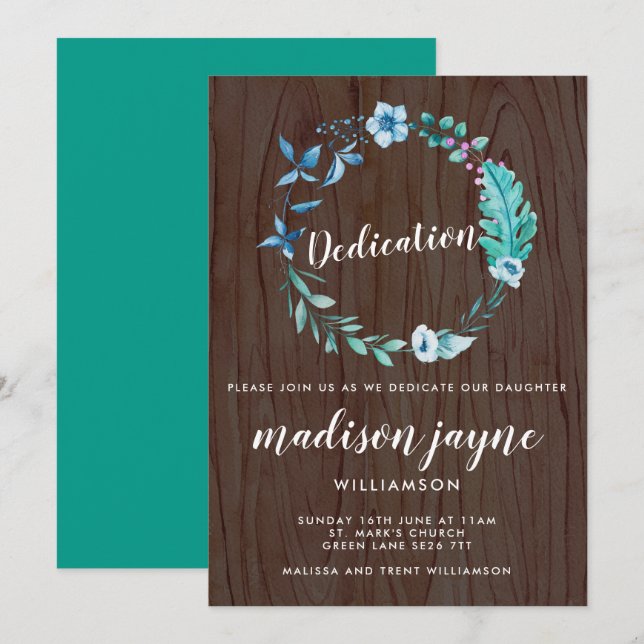 Invitation Aquarelle Rustique Boho Floral Wreath Dedication (Devant / Derrière)