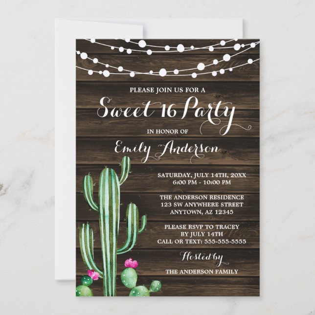 Invitation Aquarelle rustique Cactus Grange Bois doux 16 (Devant)