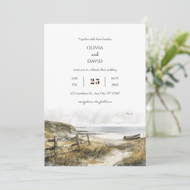 Invitation Aquarelle Rustique Coastal Field Art Beach Mariage (Debout devant)