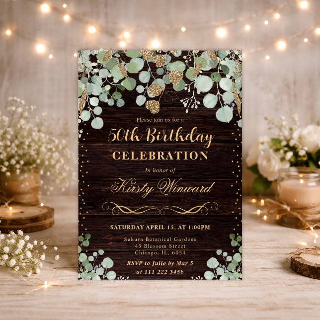 Invitation Aquarelle Rustique Eucalyptus Pailleté Or Annivers (Créateur téléchargé)