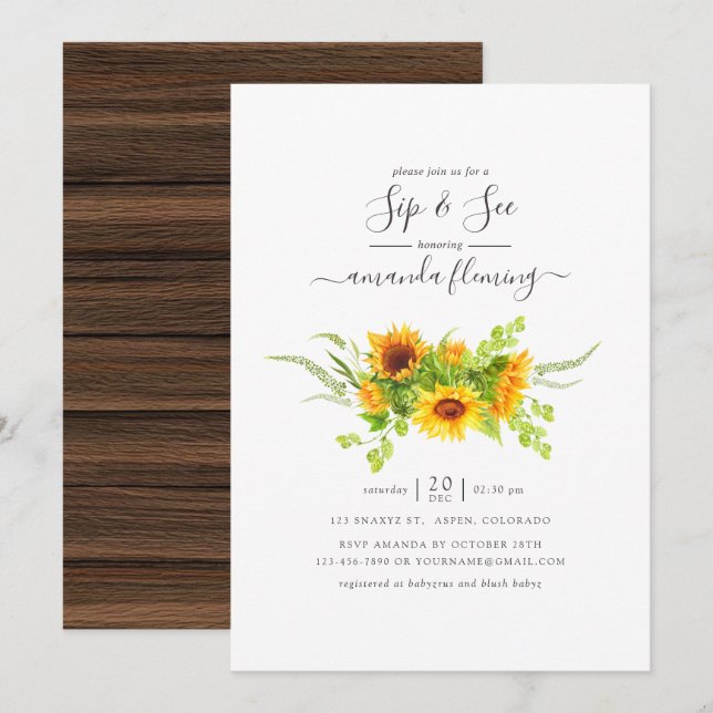 Invitation Aquarelle rustique Fleurs de soleil bohème Siroter (Devant / Derrière)