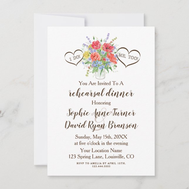 Invitation Aquarelle rustique Fleurs sauvages Coeurs Mariage (Devant)