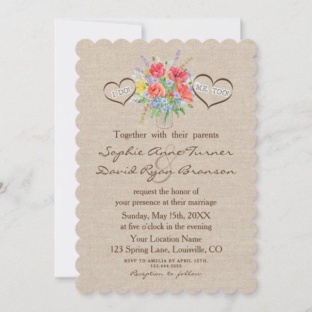 Invitation Aquarelle rustique Fleurs sauvages Mariage de lin (Devant)