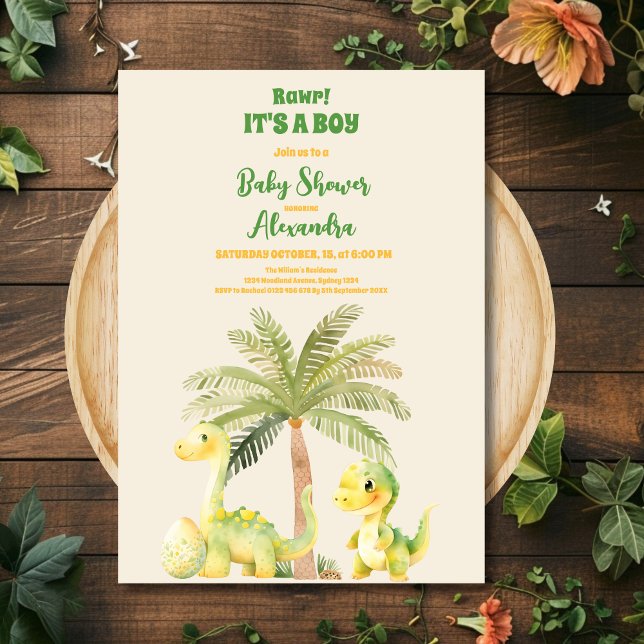 Invitation Aquarelle rustique Jungle Cute Dinosaur Baby showe (Créateur téléchargé)