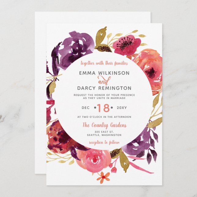 Invitation Aquarelle rustique Mariage floral rose et violet (Devant / Derrière)