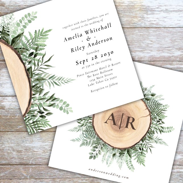Invitation Aquarelle rustique Mariage monogramme en bois Flor (Créateur téléchargé)