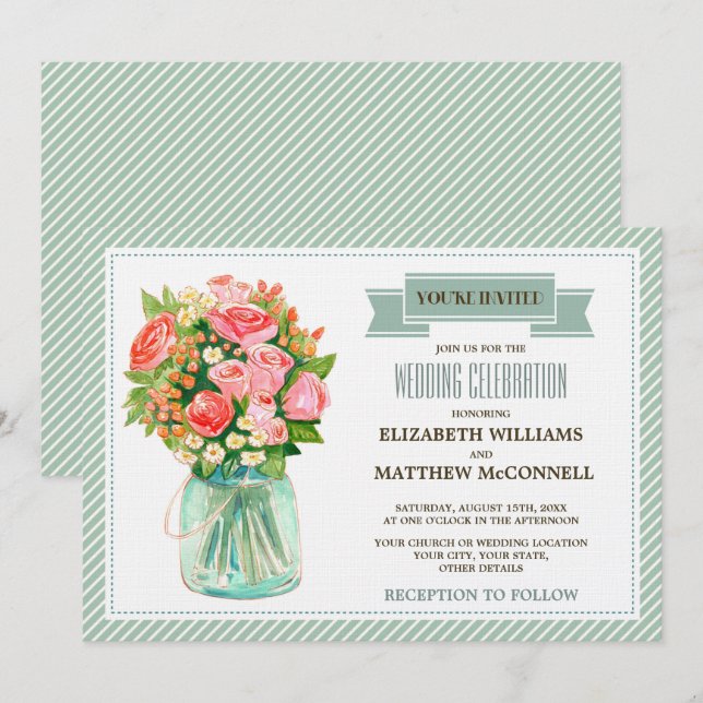 Invitation Aquarelle Rustique Mason Jar Mariage Floral  (Devant / Derrière)