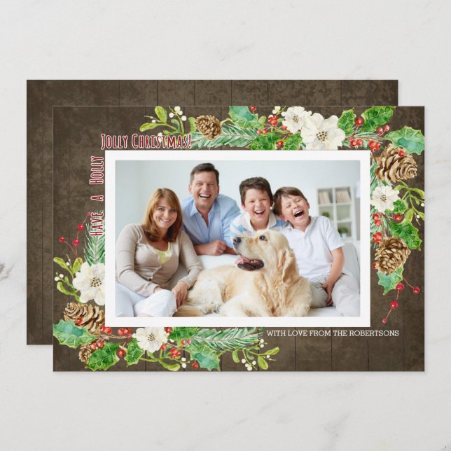 Invitation Aquarelle rustique Noël Holly Jolly Floral (Devant / Derrière)