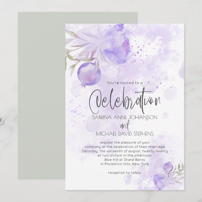 Invitation Aquarelle rustique Pale violet Rose et Rose Hip (Devant / Derrière)