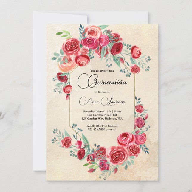 Invitation Aquarelle rustique Quinceanera Florale (Devant)