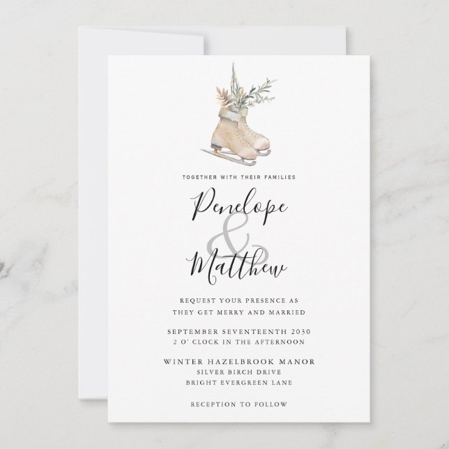 Invitation Aquarelle Rustique Saison Floral Patinage sur glac (Devant)