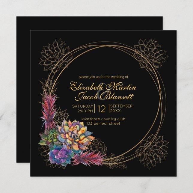 Invitation Aquarelle rustique Succulent, Mariage noir (Devant / Derrière)