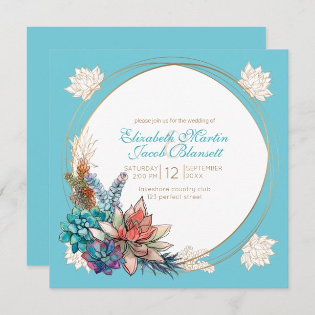 Invitation Aquarelle rustique Succulent, Mariage turquoise (Devant / Derrière)