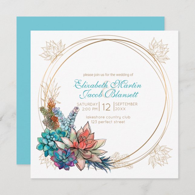 Invitation Aquarelle rustique Succulent, Mariage turquoise (Devant / Derrière)