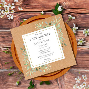 Invitation Aquarelle rustique Verdure Baby shower neutre