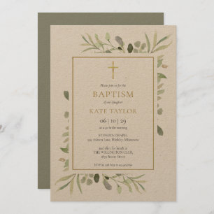 Invitation Aquarelle rustique Verdure Baptême Christening