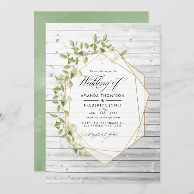 Invitation Aquarelle rustique Vert Mariage géométrique (Devant / Derrière)