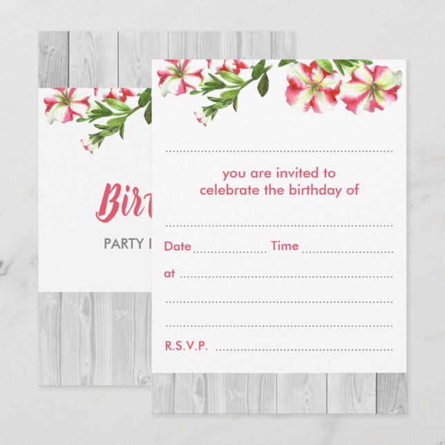 Invitation Aquarelle rustique vierge Trail Petunias Anniversa (Devant / Derrière)