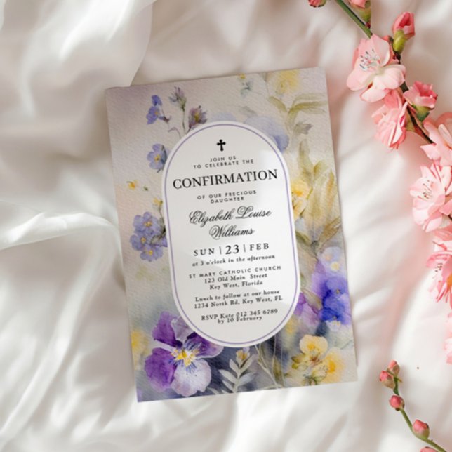 Invitation Aquarelle rustique violet et jaune Confirmation (Créateur téléchargé)