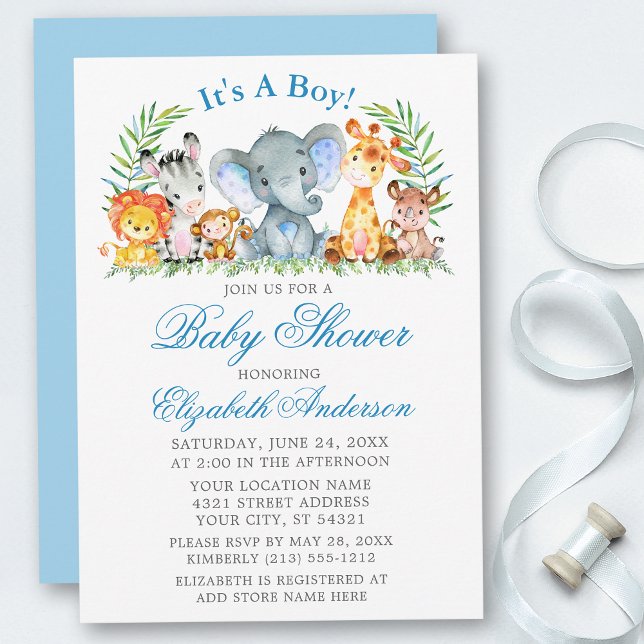 Invitation Aquarelle Safari Animaux Baby shower à Script bleu (Customize to change text color, size, style or to change color of back of card.)