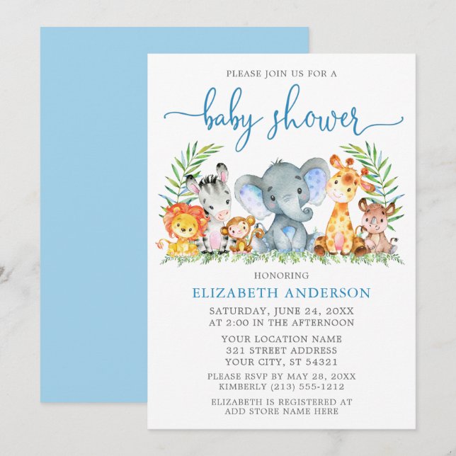 Invitation Aquarelle Safari Animaux Baby shower à Script bleu (Devant / Derrière)