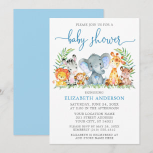 Invitation Aquarelle Safari Animaux Baby shower à Script bleu