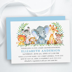 Invitation Aquarelle Safari Animaux Baby shower bleu clair