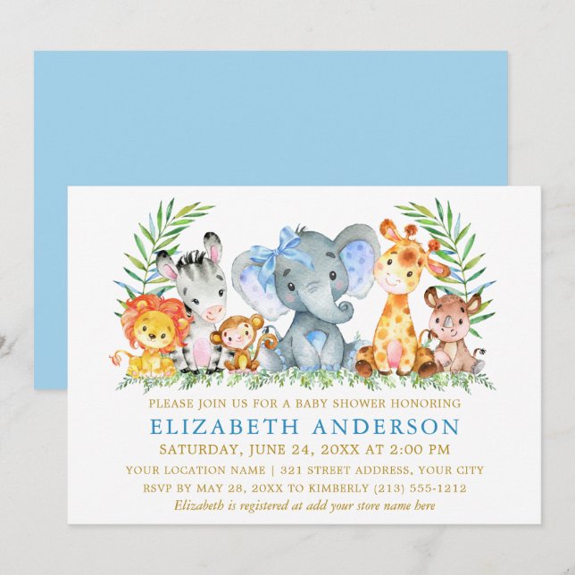 Invitation Aquarelle Safari Animaux Baby shower Blue Bow (Devant / Derrière)