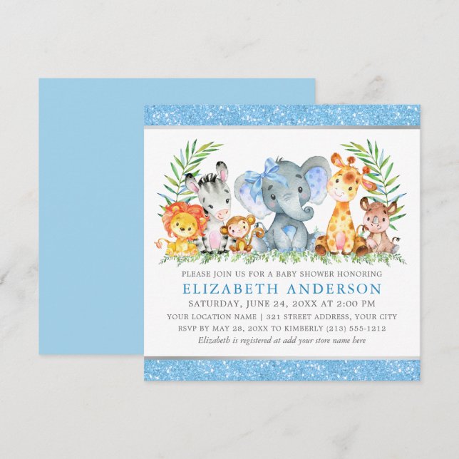 Invitation Aquarelle Safari Animaux Baby shower Blue Bow Sq (Devant / Derrière)