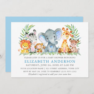Invitation Aquarelle Safari Animaux Baby shower Blue Silver