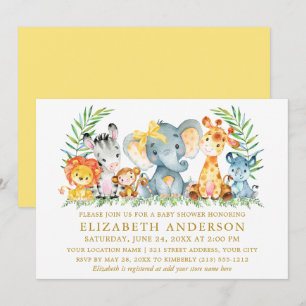 Invitation Aquarelle Safari Animaux Baby shower Bow Jaune