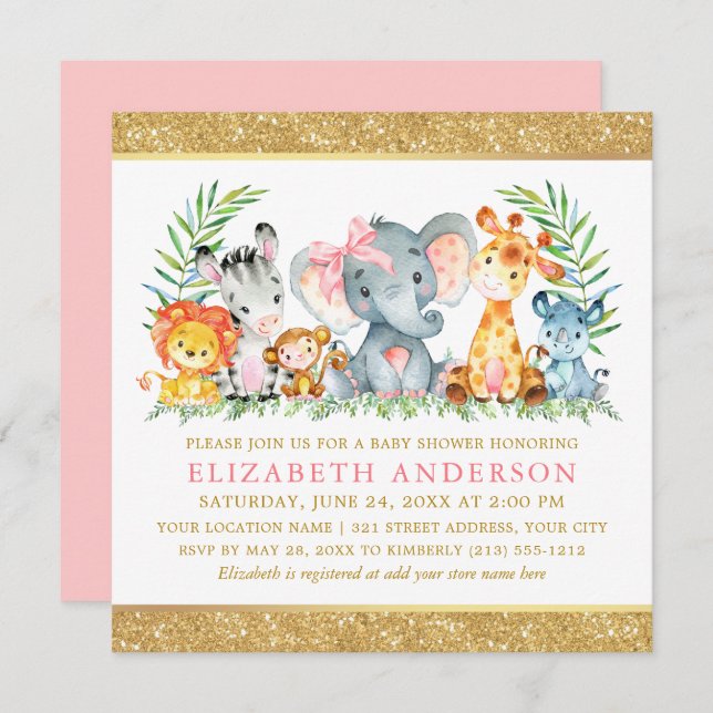 Invitation Aquarelle Safari Animaux Baby shower Bow Rose Sq (Devant / Derrière)