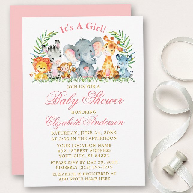 Invitation Aquarelle Safari Animaux Baby shower de script ros (Customize to change text color, size, style or to change color of back of card.)