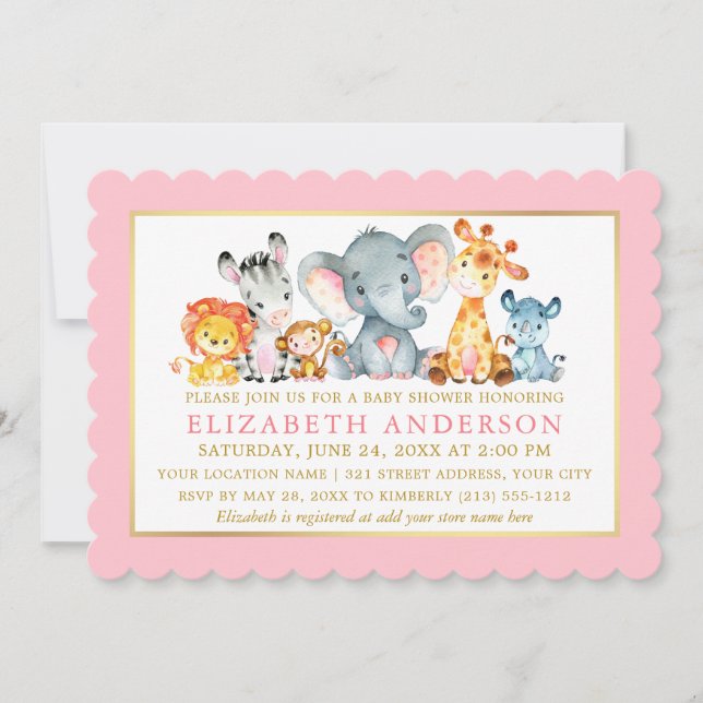 Invitation Aquarelle Safari Animaux Baby shower d'or rose (Devant)