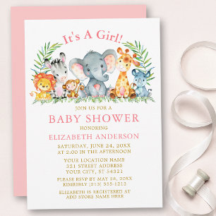 Invitation Aquarelle Safari Animaux Baby shower d'or rose