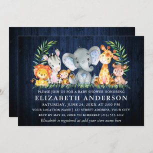 Invitation Aquarelle Safari Animaux Baby shower en bois bleu