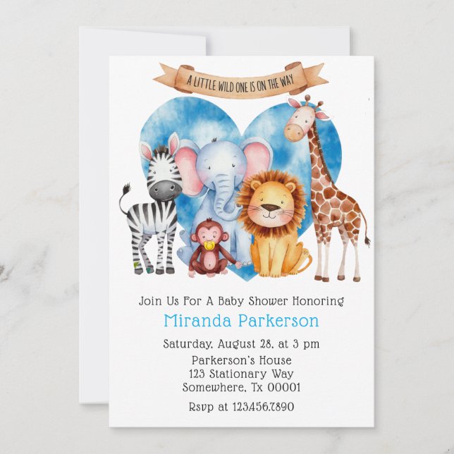 Invitation Aquarelle Safari Animaux Baby shower garçon (Devant)