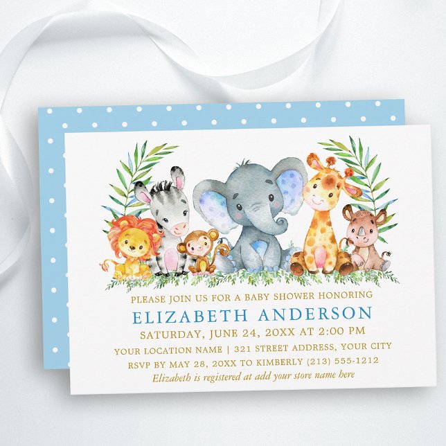 Invitation Aquarelle Safari Animaux Baby shower Gold Blue (Customize to change text color, size or text style.)