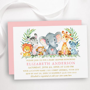 Invitation Aquarelle Safari Animaux Baby shower Or rose