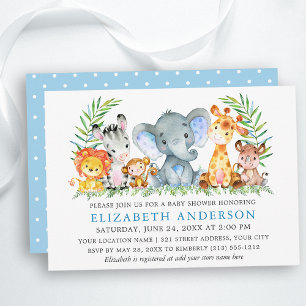 Invitation Aquarelle Safari Animaux Baby shower Points Bleus