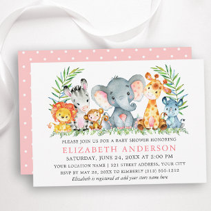 Invitation Aquarelle Safari Animaux Baby shower Points roses