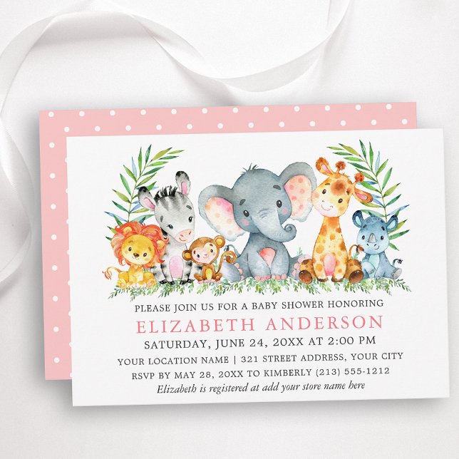 Invitation Aquarelle Safari Animaux Baby shower Points roses (Customize to change text color, size or text style.)