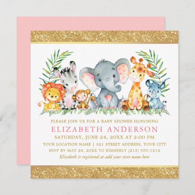 Invitation Aquarelle Safari Animaux Baby shower Rose Gold Sq (Devant / Derrière)