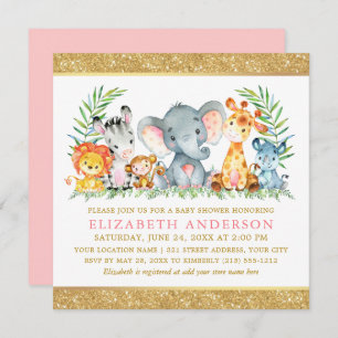 Invitation Aquarelle Safari Animaux Baby shower Rose Gold Sq